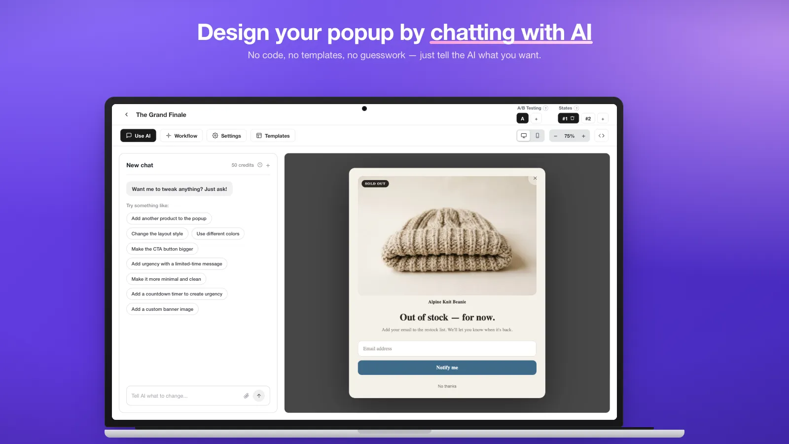 The PopupGenius editor open on a laptop: an AI chat panel on the left with suggestion chips such as “Add another product to the popup” and “Add a countdown timer”, and a live popup preview on the right.